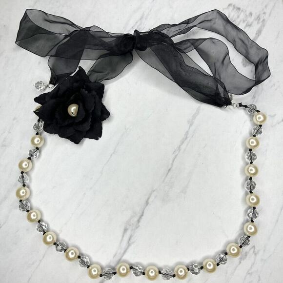 Faux Pearl and Clear Beaded Black Ribbon Tie Statement Necklace - Picture 1 of 12